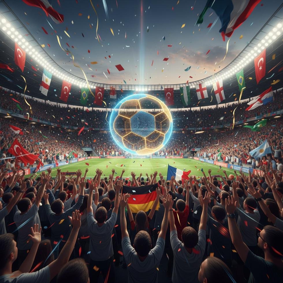 Çok uluslu futbol taraftarlarının stadyumda birlikte tezahürat yaptığı canlı bir görüntü