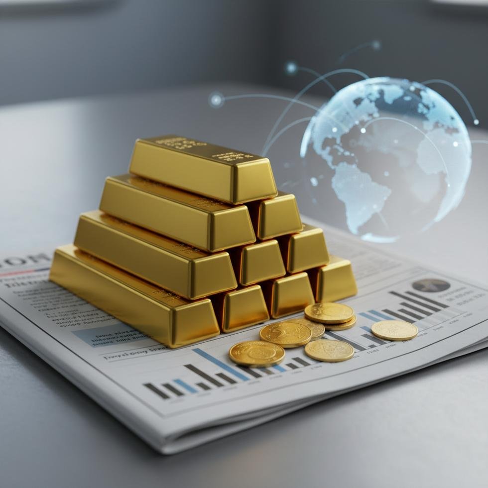 Bir gazete üzerinde üst üste dizilmiş altın külçeler ve altın paralar