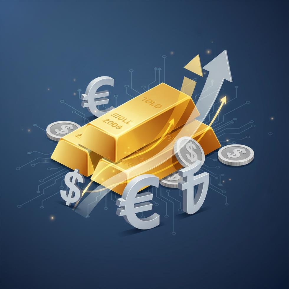 Altın, gümüş ve döviz simgelerinin yan yana yer aldığı finansal bir illüstrasyon