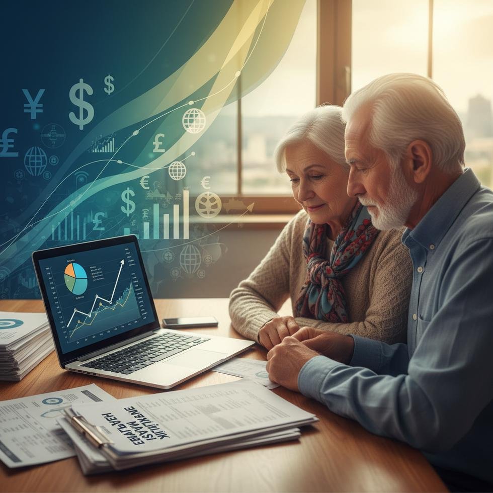 Emekli bir çift finansal dokümanlara bakarken, arka planda döviz ve grafikler