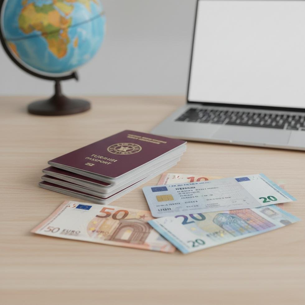 Türk Pasaportu, ehliyet ve Euro banknotları masada