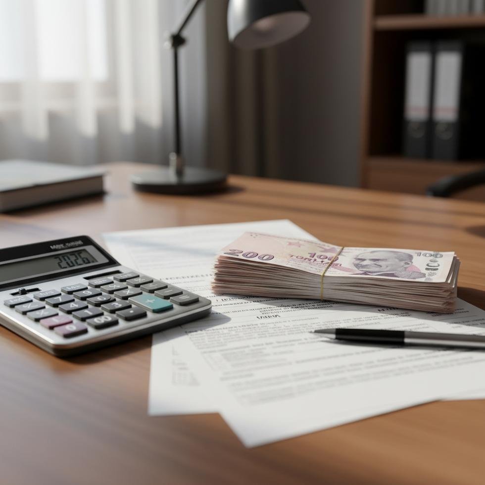 Masa üzerinde Türk Lirası, hesap makinesi ve sosyal yardım belgeleri