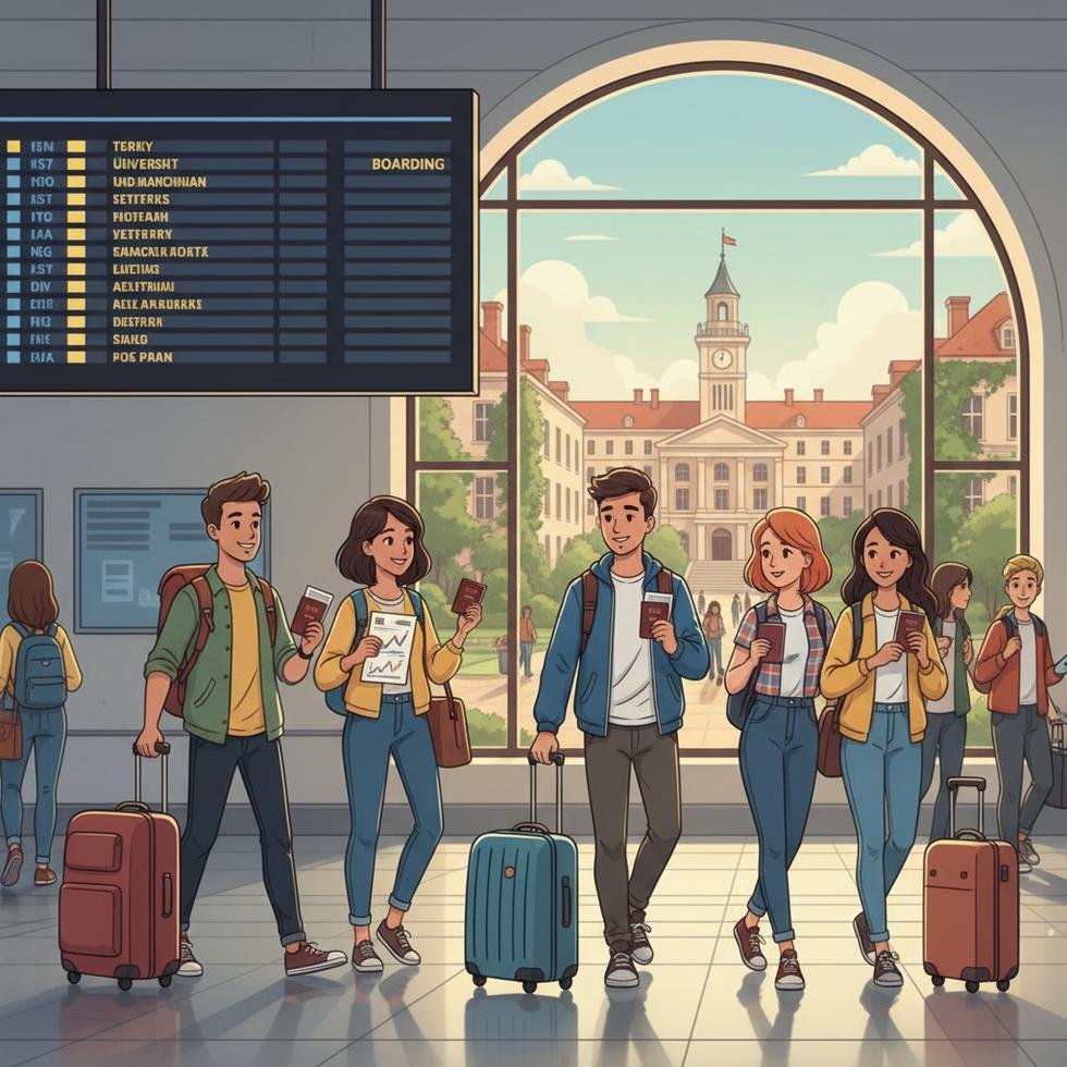 YKS sınav evraklarını ve bavul taşıyan öğrenciler bir havaalanında, bir kampüs görüntüsüyle birlikte