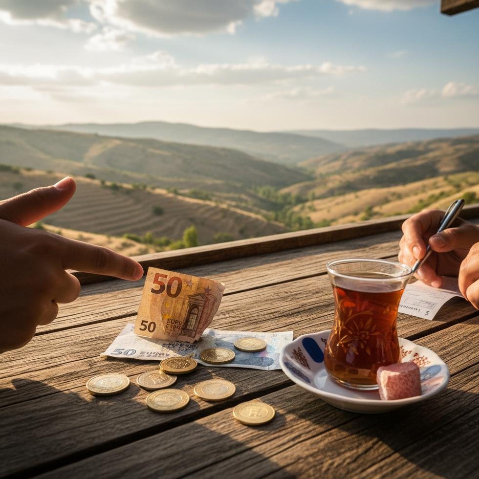 Türk bir garson ve turist arasında geçen bahşiş alışverişi, euro ve Türk lirası masada görülüyor.