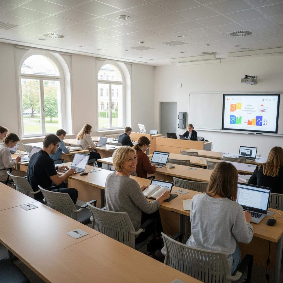 Genç öğrenciler arasında ders dinleyen, gülümseyen 50’lerinde bir kadın öğrenci.