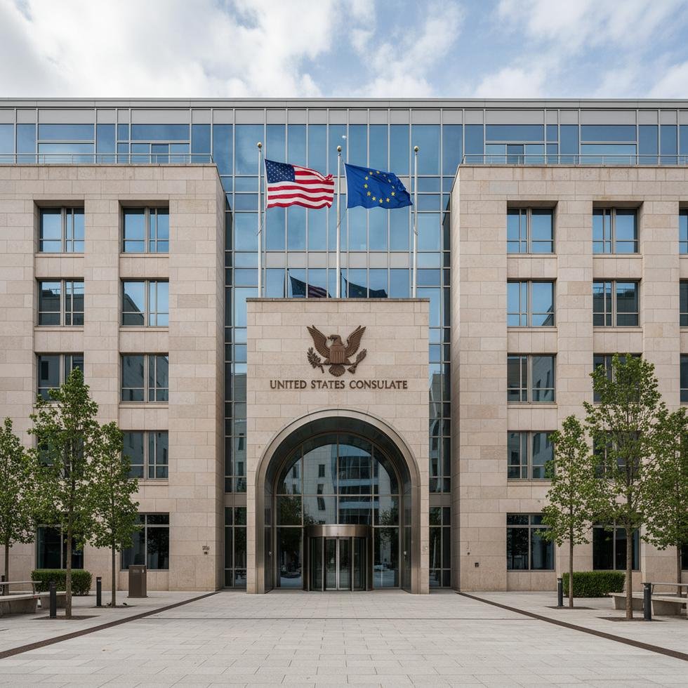 ABD konsolosluğu binası önünde ABD ve AB bayrakları
