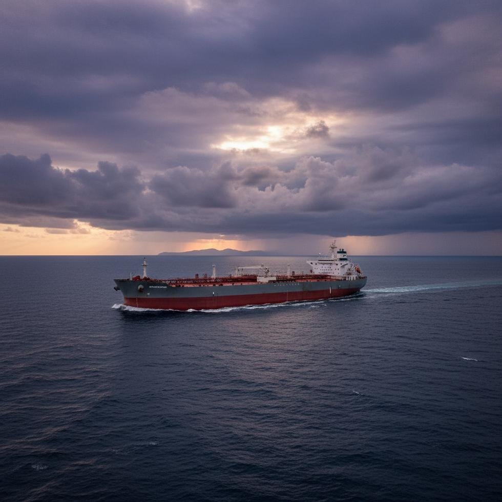 Denizde seyreden büyük bir petrol tankeri ve gerilimli gökyüzü