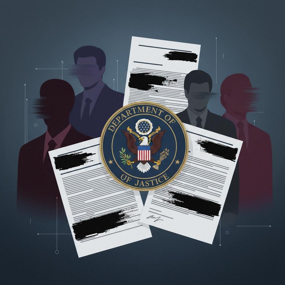 Sansürlü belgeler, ünlü siluetleri ve ABD Adalet Bakanlığı mührü görseli