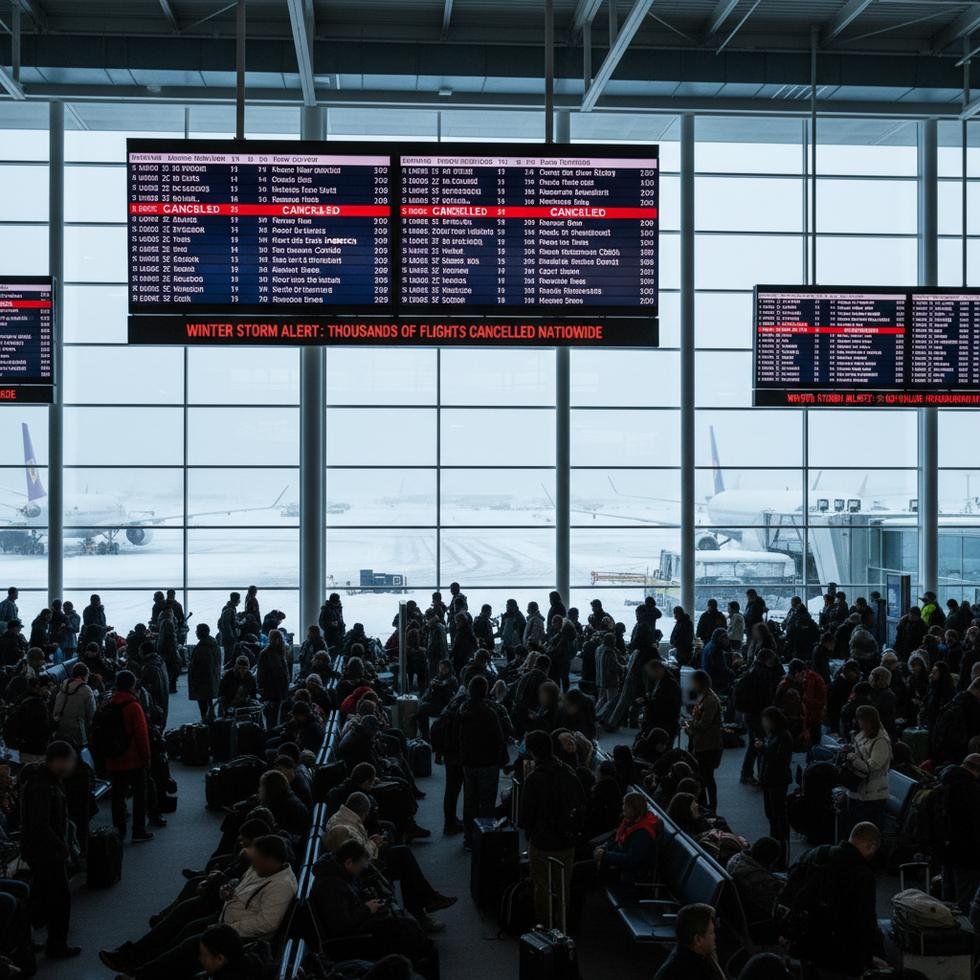 Yoğun kar yağışı sırasında ABD havaalanında uçuş iptallerini bekleyen kalabalık yolcular