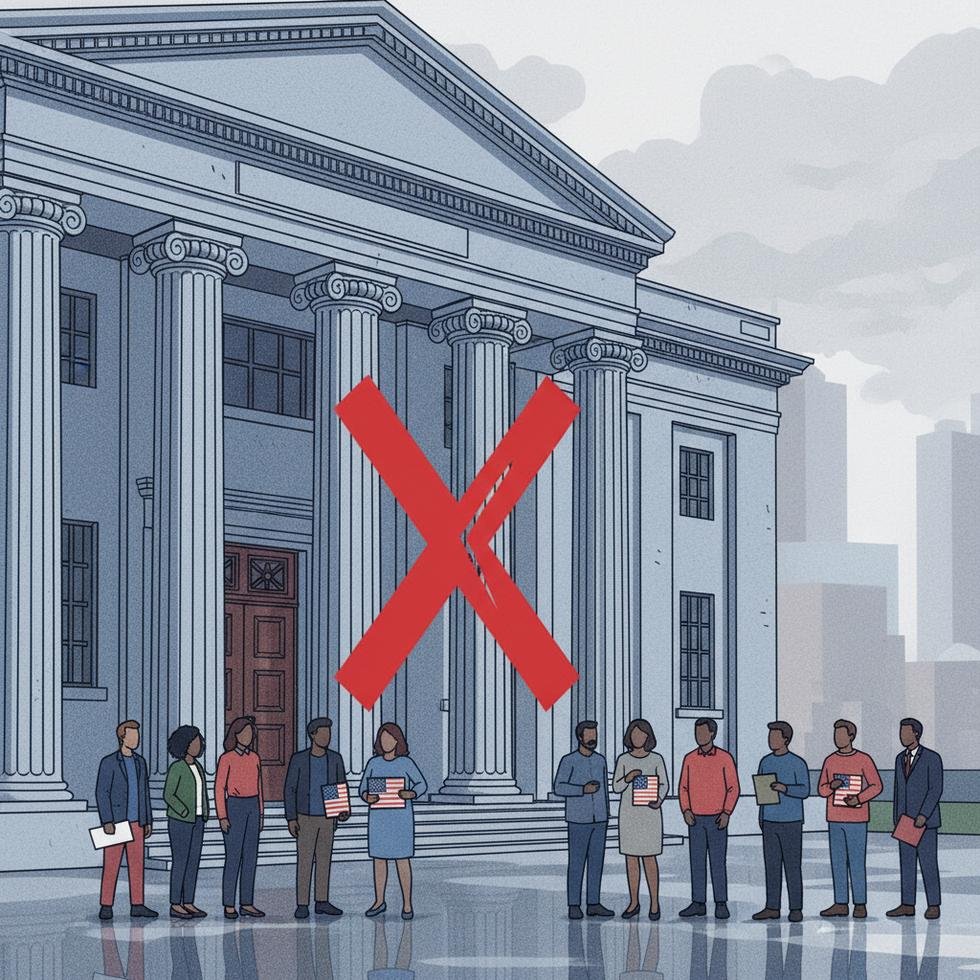 Amerikan vatandaşlığı için bekleyen göçmenlerin endişeli şekilde hükümet binası önünde beklemesi