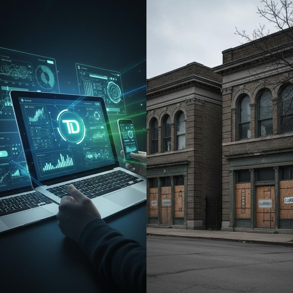 Modern dijital bankacılık kullanan insanlar ve kapanmış banka şubeleri