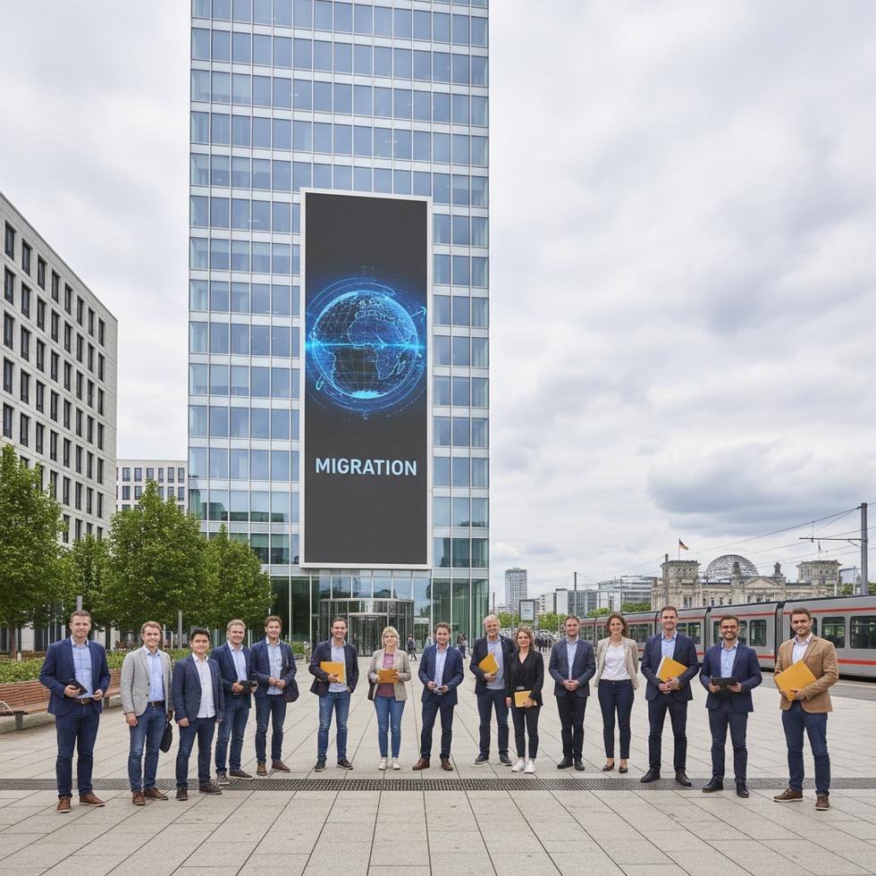 Berlin'de göçmenlik ofisi önünde belge bekleyen kişiler.