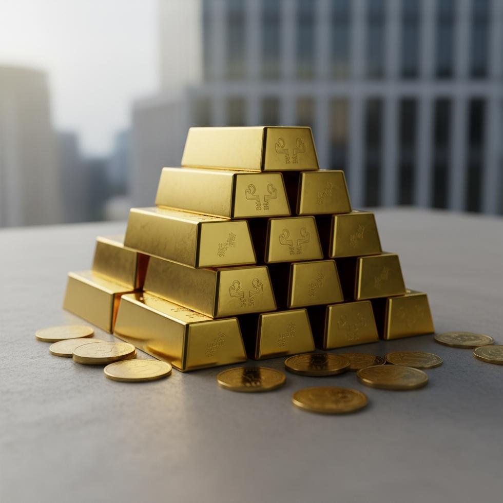 Üst üste dizilmiş parlak altın külçeler ve madeni paralar