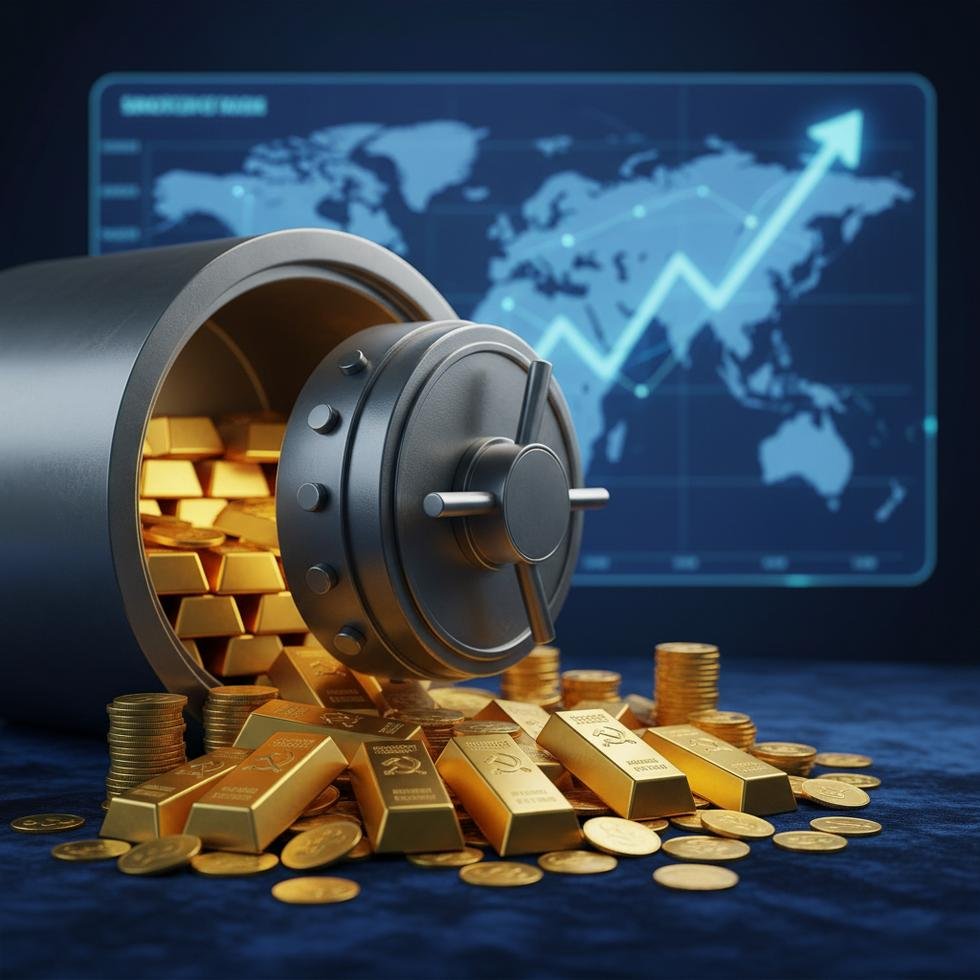 Açık kasa içinde altın külçeleri ve yükselen altın fiyat grafiği