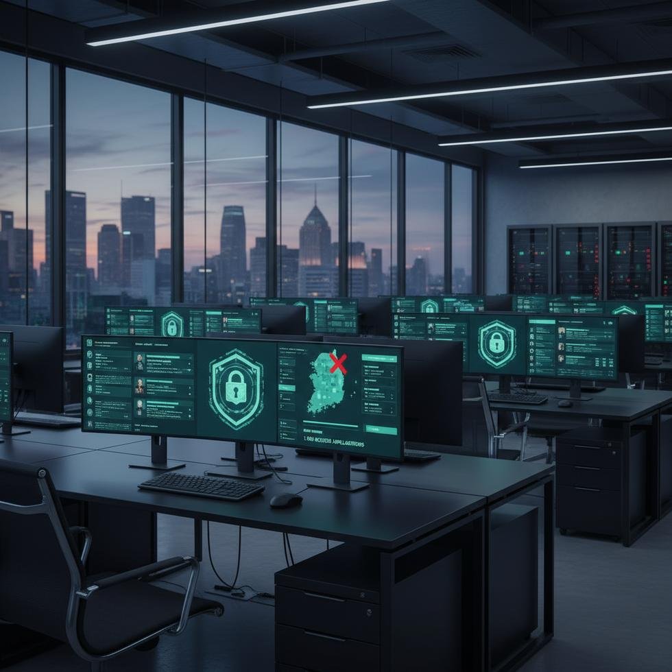 Bir açık ofisteki bilgisayarlarda iş başvuruları ekranları ve siber güvenlik teması.