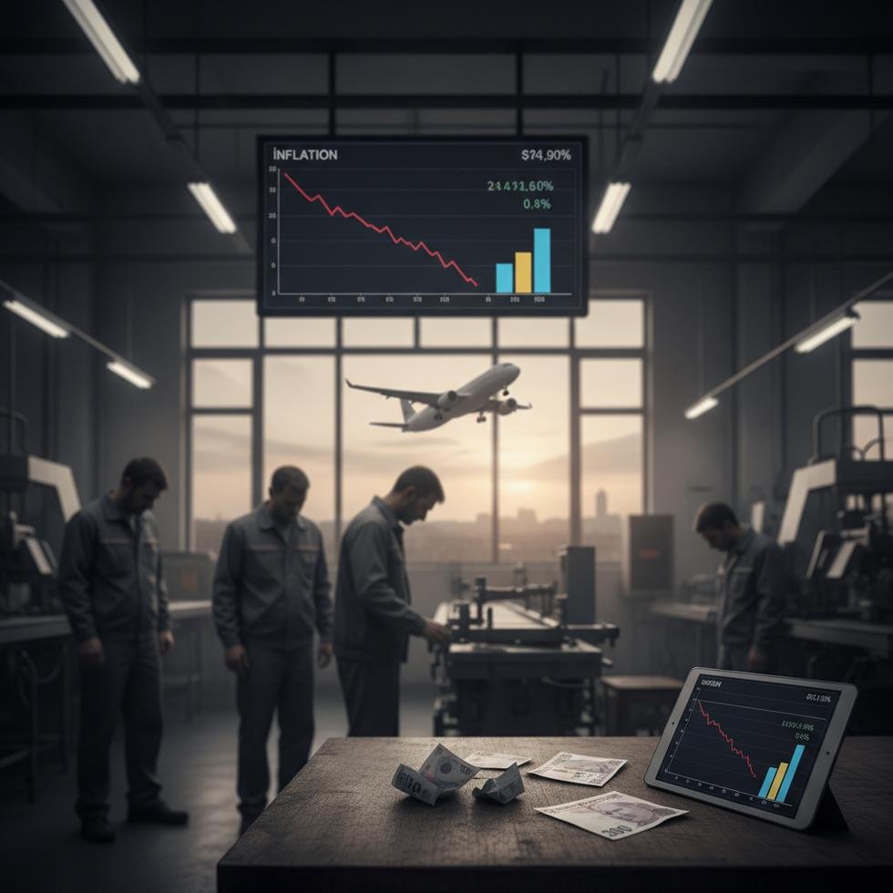 Enflasyon altında ezilen işçiler ve yurtdışına göçü simgeleyen uçak