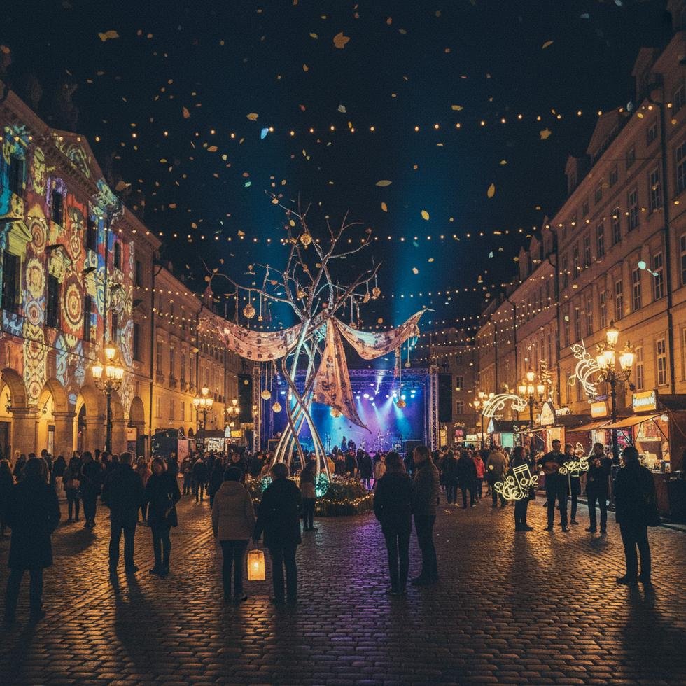 Avrupa şehrinde gece bir etkinlikte toplanan kalabalık ve ışıklandırmalar