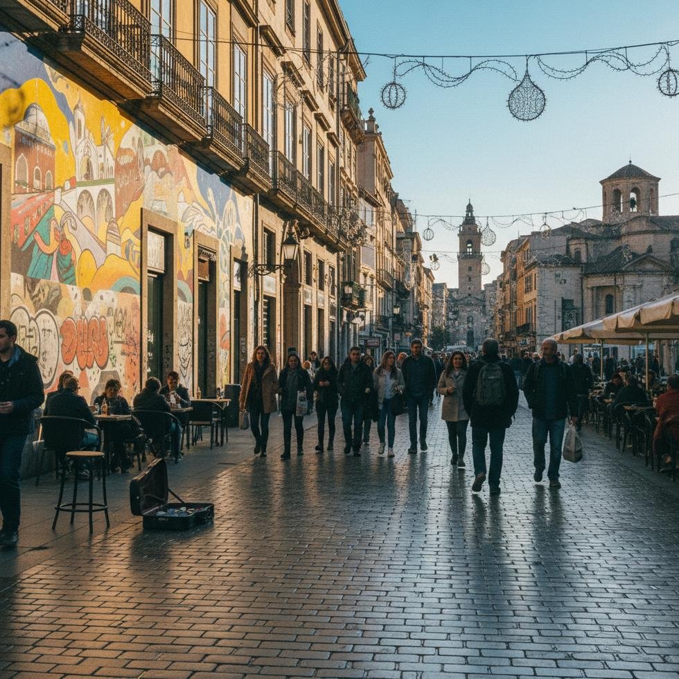 Sabah saatlerinde Avrupa şehrinde caddede yürüyen insanlar ve kültürel etkinlikler