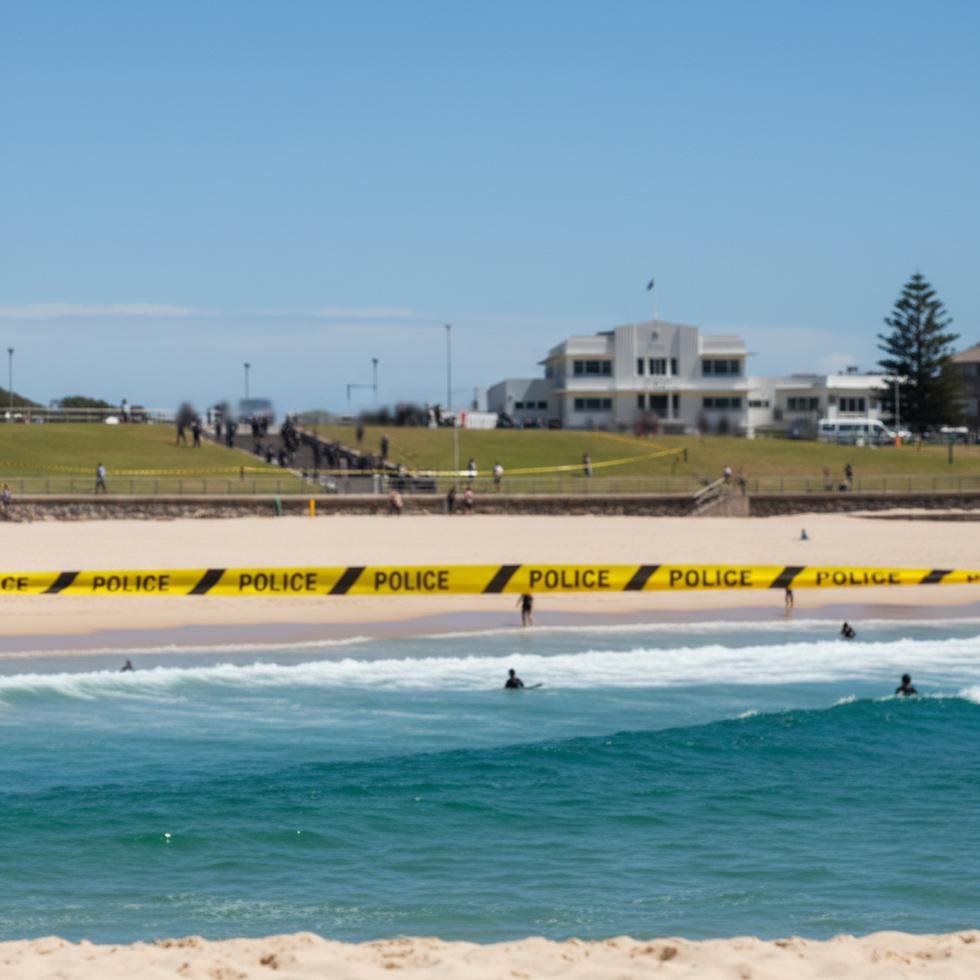 Bondi Plajı'nda polis şeridiyle çevrili bir alan ve araştırma yapan görevliler