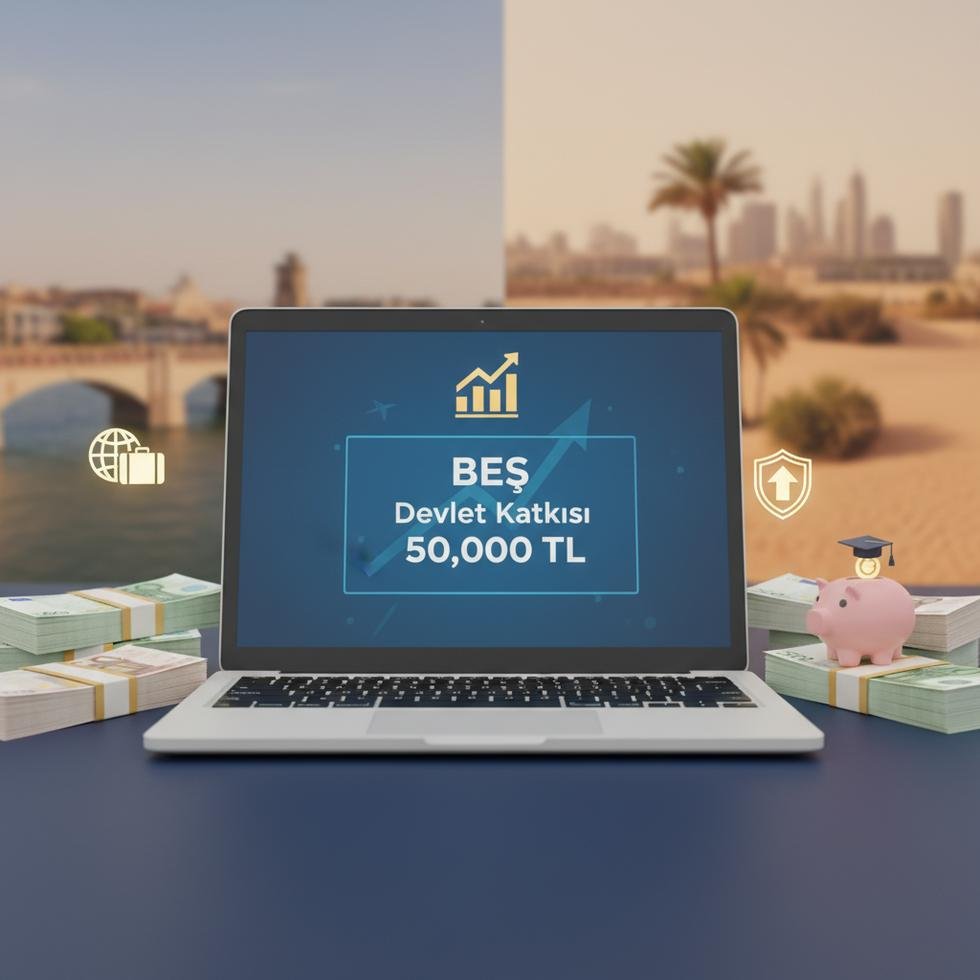 Bir bilgisayar ekranında BES portföyüne bakan genç bir Türk, çevresinde döviz banknotları ve emeklilik birikimini planlıyor.
