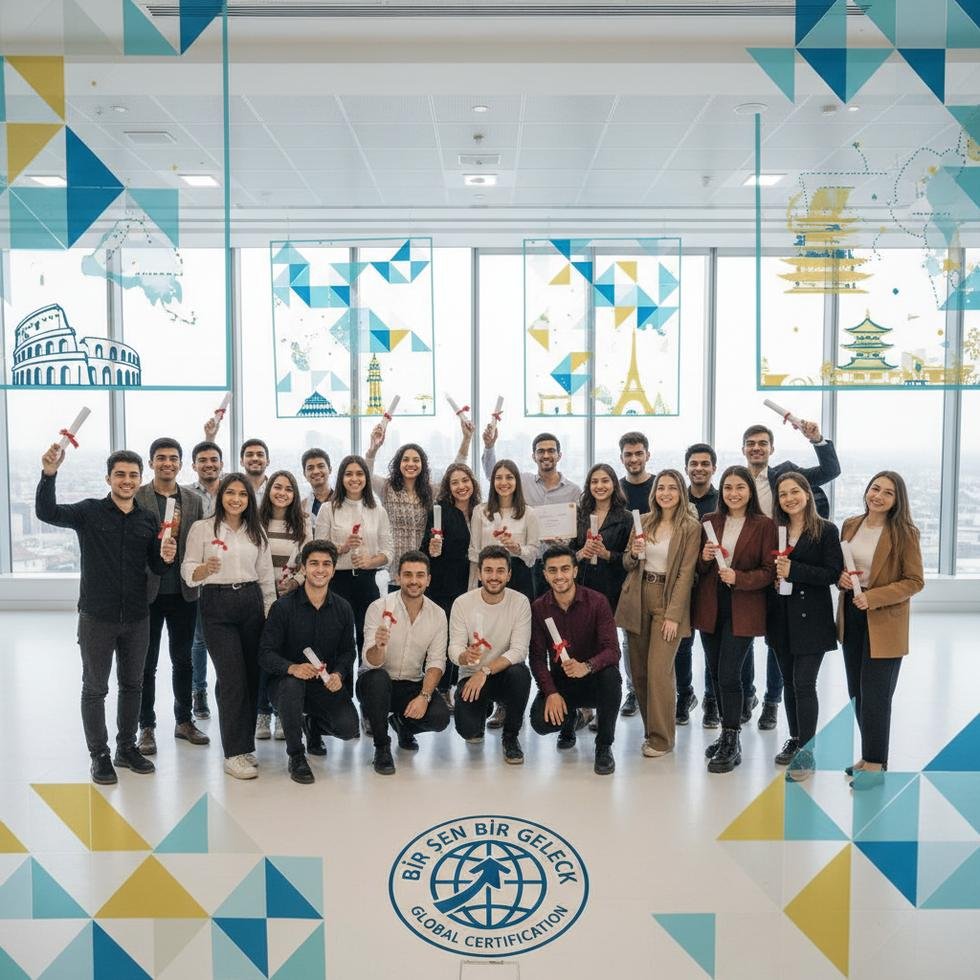 Uluslararası sertifika programına katılan üniversite öğrencileri tören sırasında sertifikalarını tutuyor.