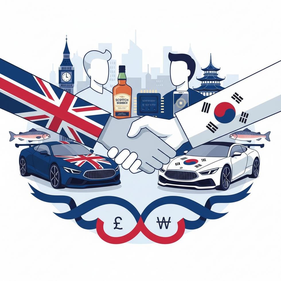 Birleşik Krallık ve Güney Kore arasında yapılan ticaret anlaşmasını simgeleyen İngiliz ve Koreli iş insanlarının tokalaşması