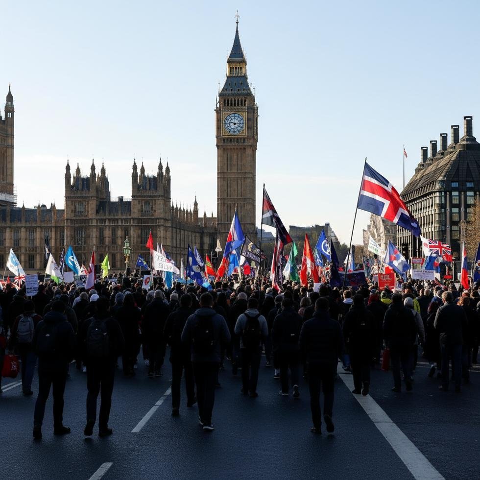 İngiltere'de göçmenlik yasalarını protesto eden kalabalık bir grup yürüyüşçü