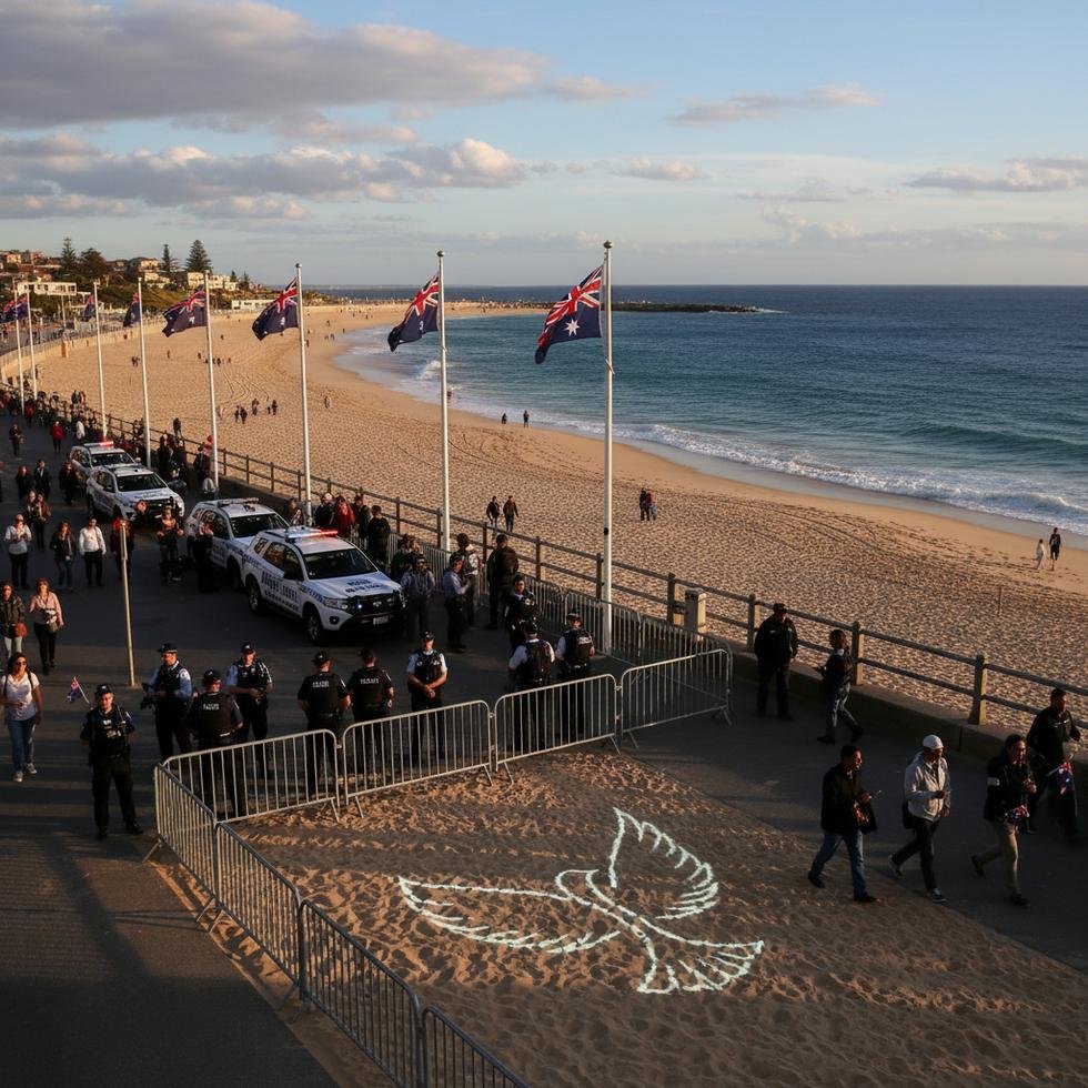 Bondi Beach'te polis güvenlik önlemleri, Avustralya bayrakları ve insanlar