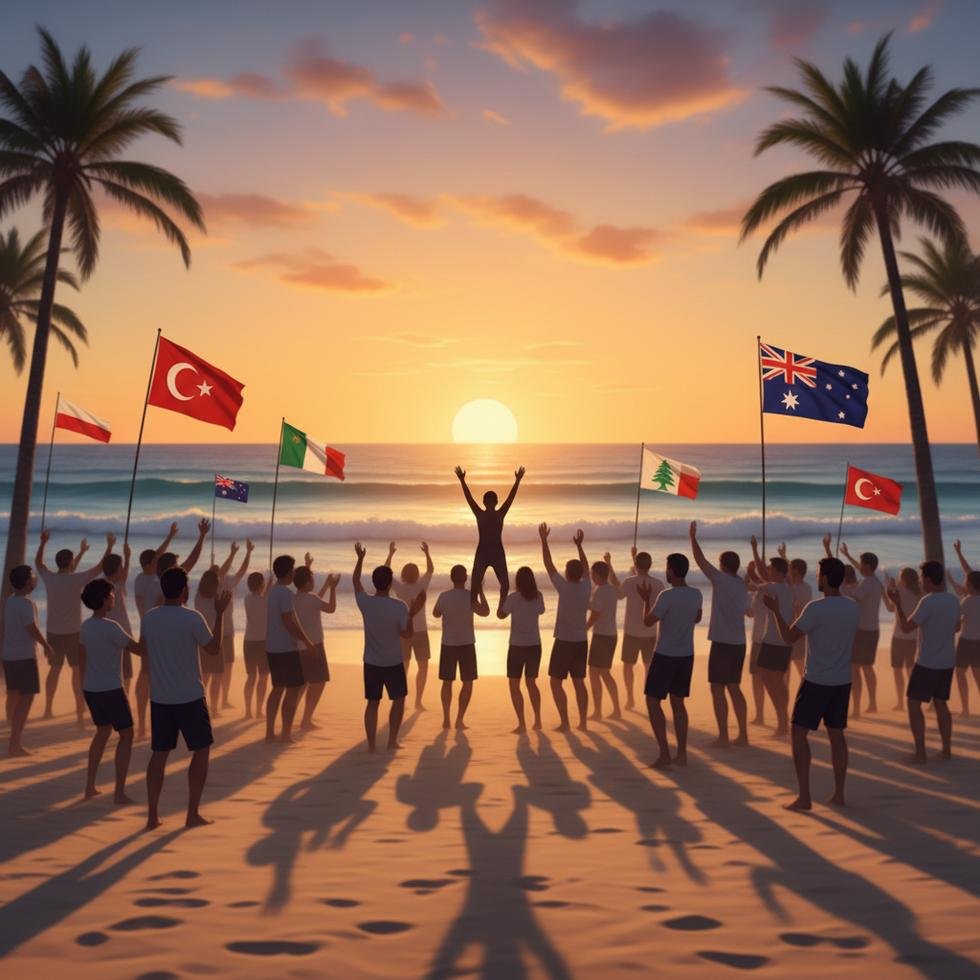 Bondi Plajı'nda birçok insan tarafından desteklenen Ahmed ve yardımsever kalabalık.