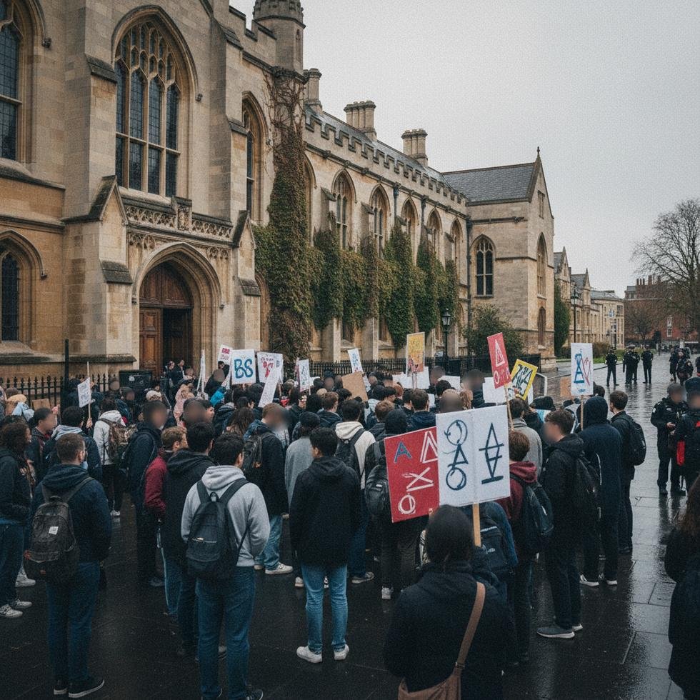Bristol Üniversitesi kampüsünde protesto, öğrenciler ve pankartlar