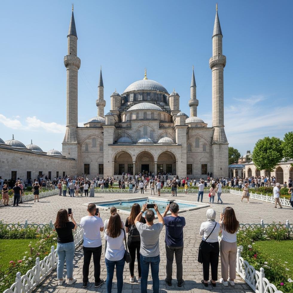 Restorasyonu tamamlanmış tarihi bir Türk eseri ve önünde fotoğraf çeken ziyaretçiler.