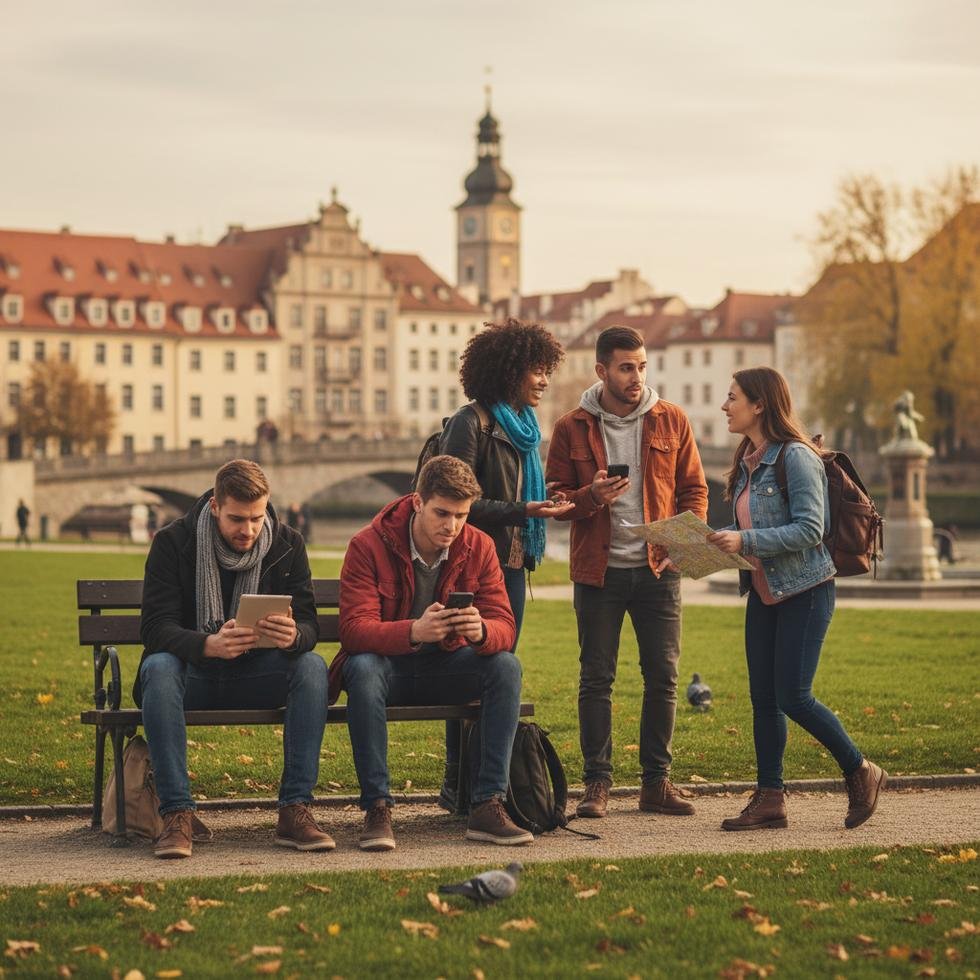 Bir parkta akıllı telefonlarıyla yalnızlaşan gençler ve iletişim kurmaya çalışan birkaç kişi.