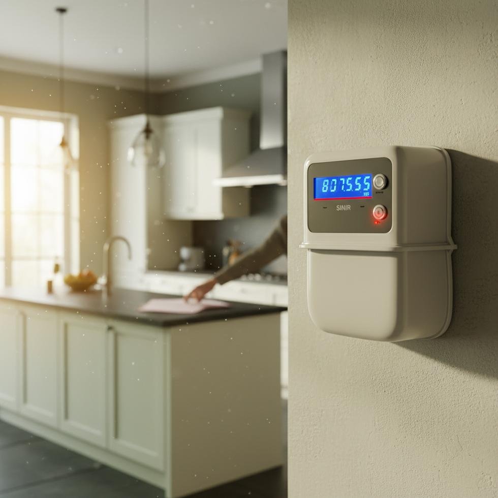 Evde dijital doğalgaz sayacı ve fatura kontrolü yapan aile.