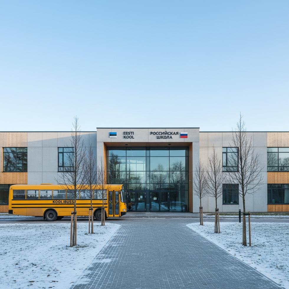Estonya'da bir okul servisi ve önünde Estonca-Rusça dilli tabelalar