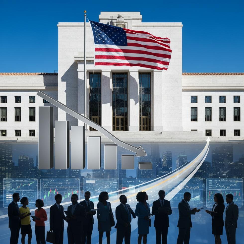 ABD Merkez Bankası binası ve azalan faiz oranı grafiği