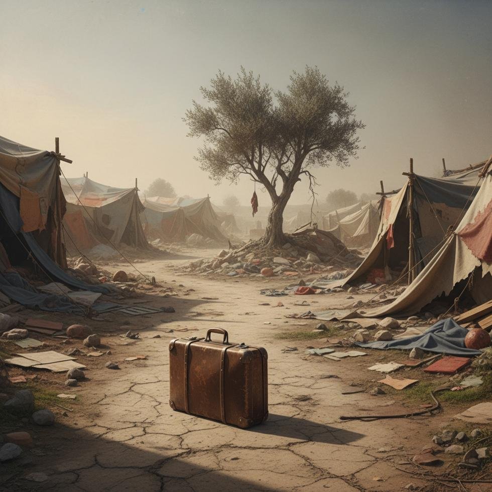 Göç eden Ortadoğulu bir kadının hüzünlü yüz ifadesi ve yıkık kamp manzarası