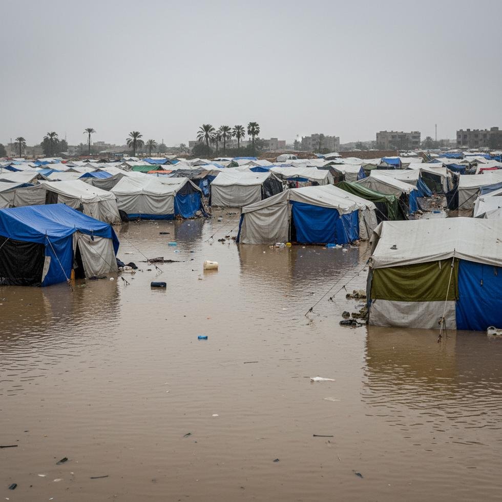 Gazze'deki bir çadır kampında sel sularıyla mücadele eden insanlar
