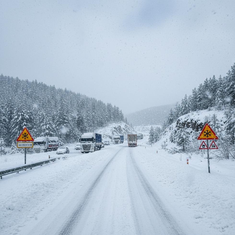 Kar yağışı nedeniyle trafiğe kapanan Gerede-Karabük yolundan bir kare