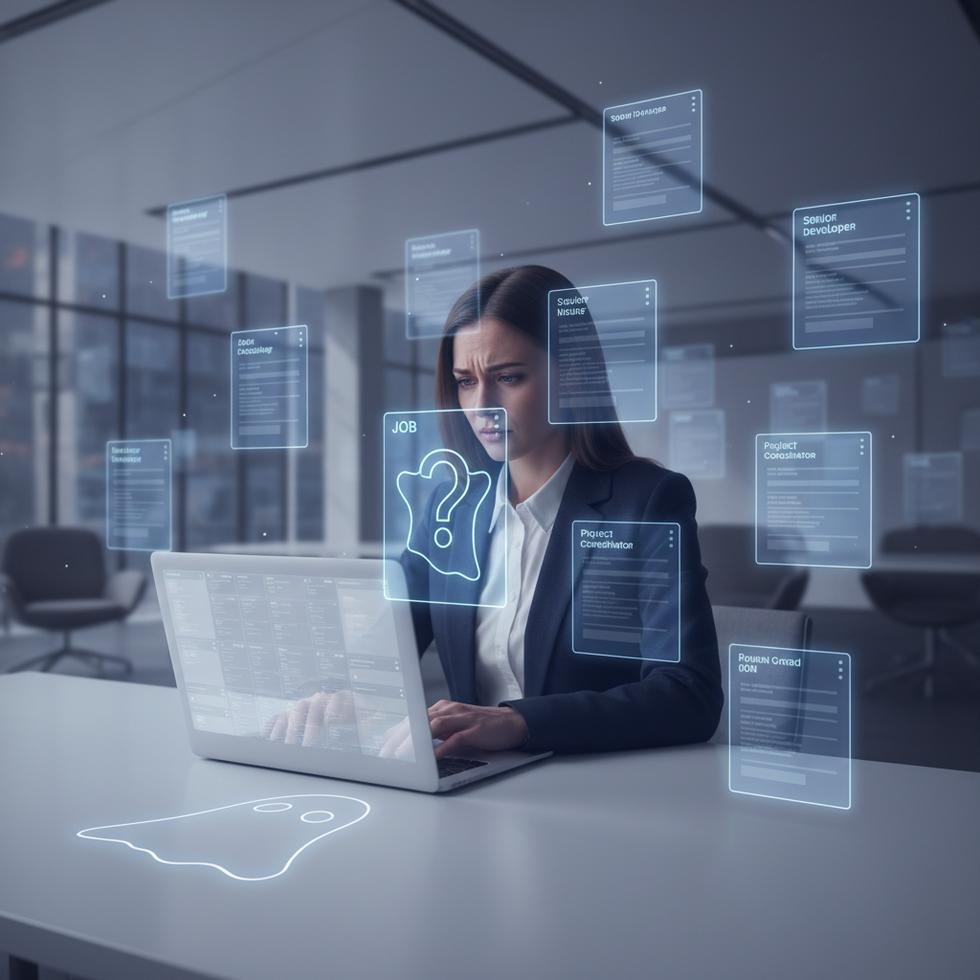 Hayali iş ilanlarını bilgisayarında inceleyen endişeli iş arayan kadın