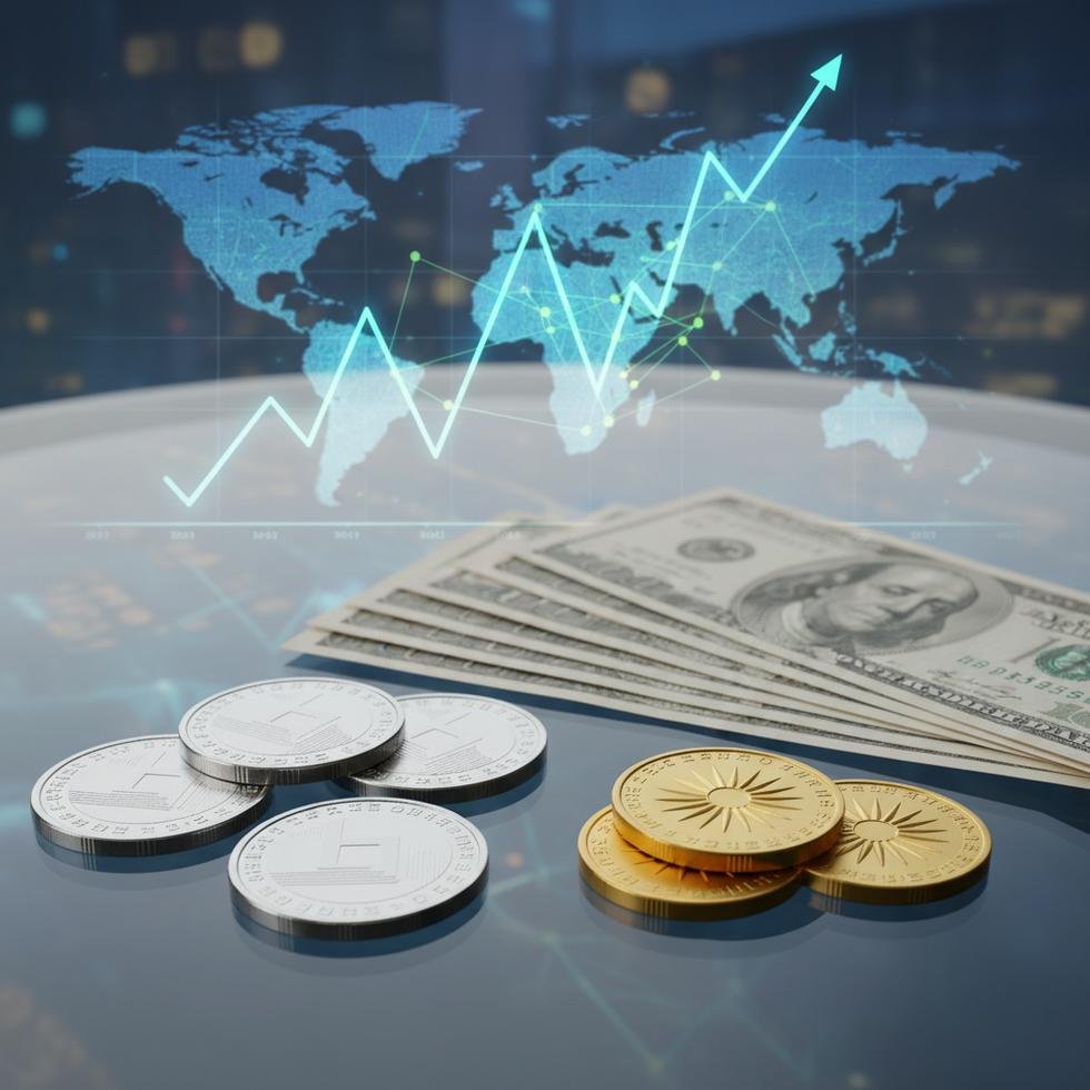 Gümüş ve altın paralar ile dolar ve euro banknotlarının finans grafik önünde çekilmiş modern fotoğrafı