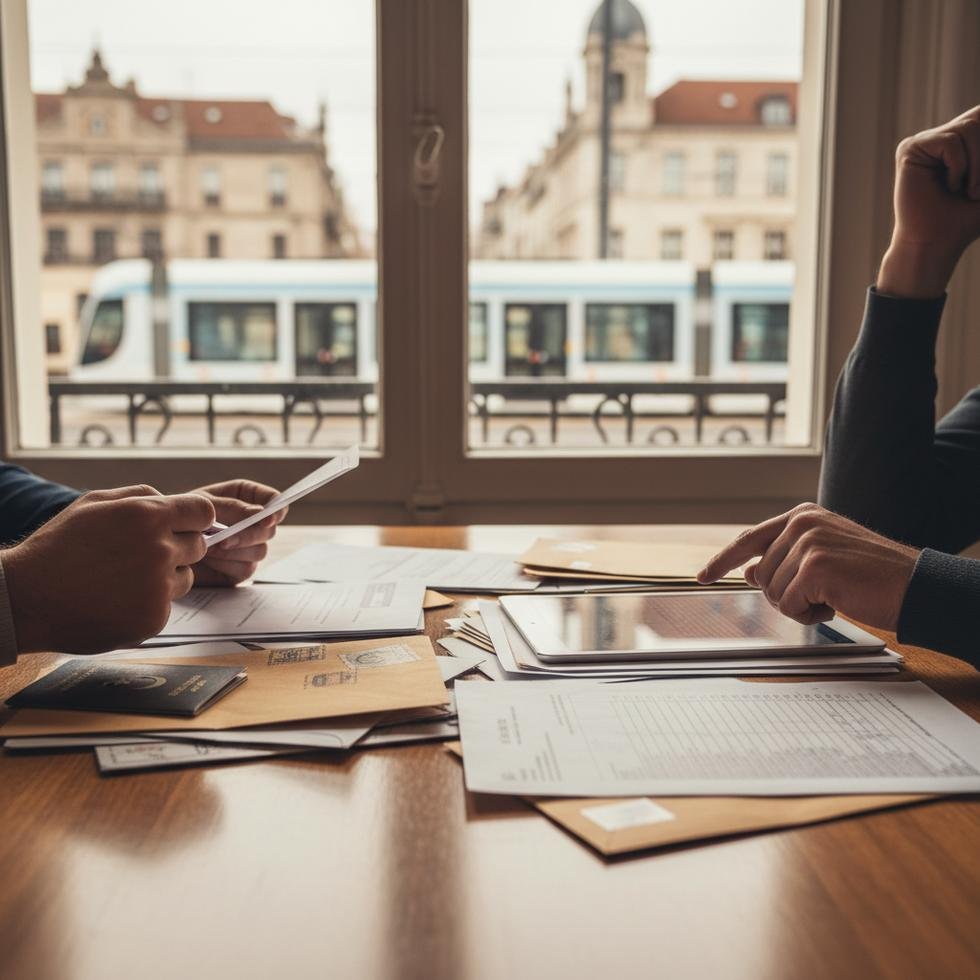 Avrupa'da bir masa etrafında toplanmış endişeli Türk aile, vergi ve sosyal yardım evrakları inceliyor