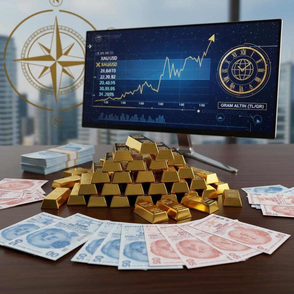 Altın külçeleri ve Türk Lirası ile güncel altın fiyatlarını gösteren dijital ekran