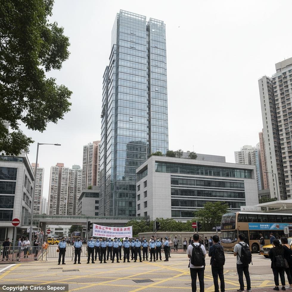 Hong Kong'daki bir adliye binasının önünde polisler ve izleyiciler.