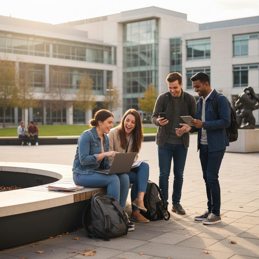 Kampüste cep telefonlarından ve bilgisayarlardan sonuçlarını kontrol eden heyecanlı üniversite öğrencileri.