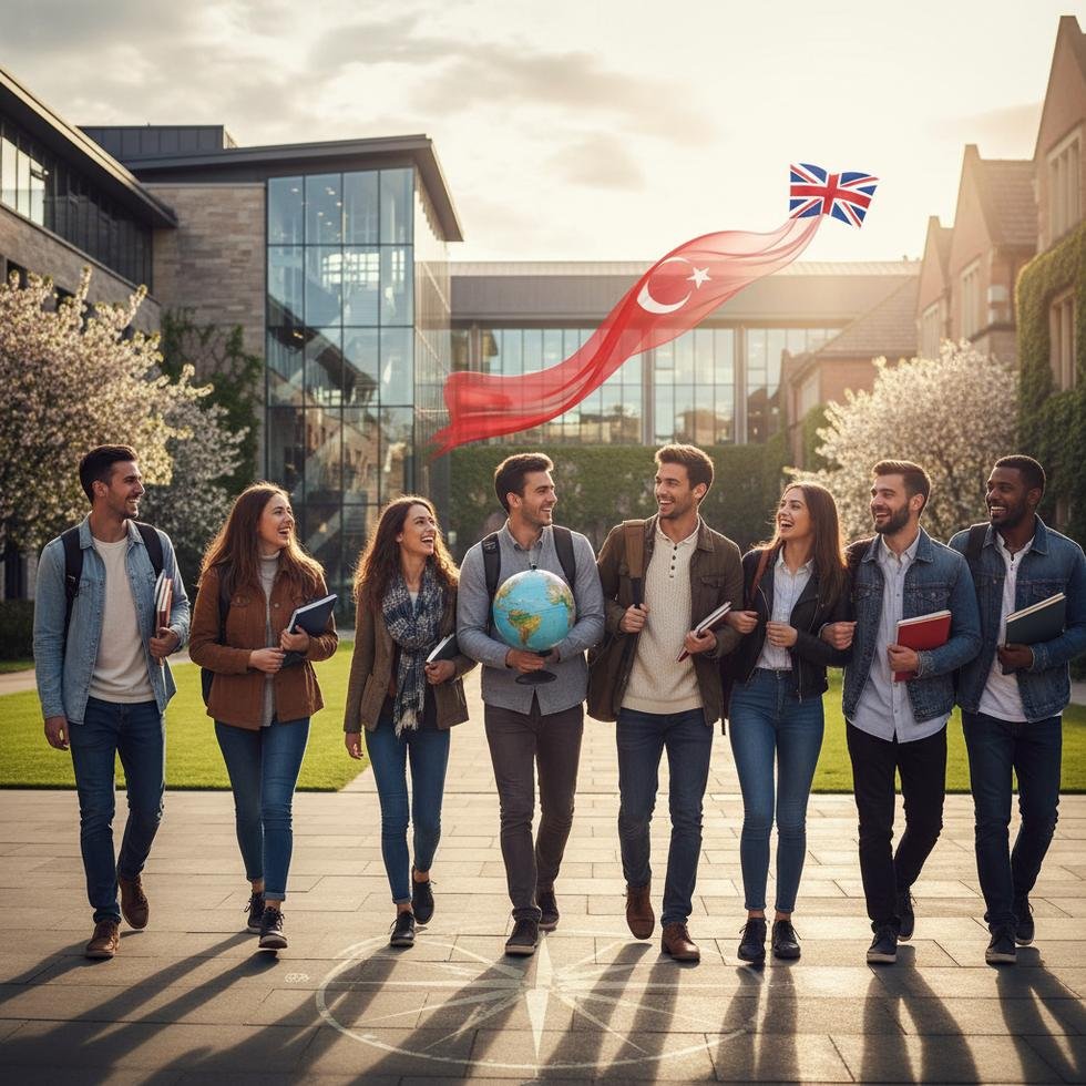 Birleşik Krallık’ta farklı ülkelerden gelen Erasmus öğrencileri kampüste birlikte gülümserken