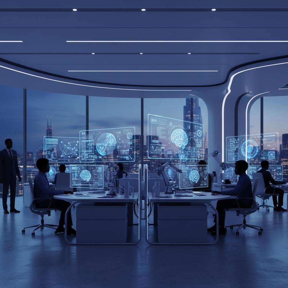 Yapay zeka ve teknolojinin iş hayatındaki etkisini gösteren modern ofis ortamı