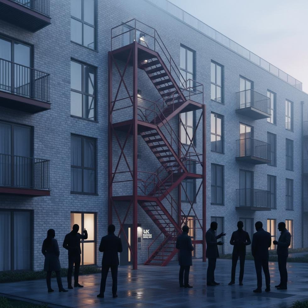 İngiltere'de yeni yapılan bir apartmanın önünde yangın güvenliğiyle ilgili konuşan endişeli sakinler.