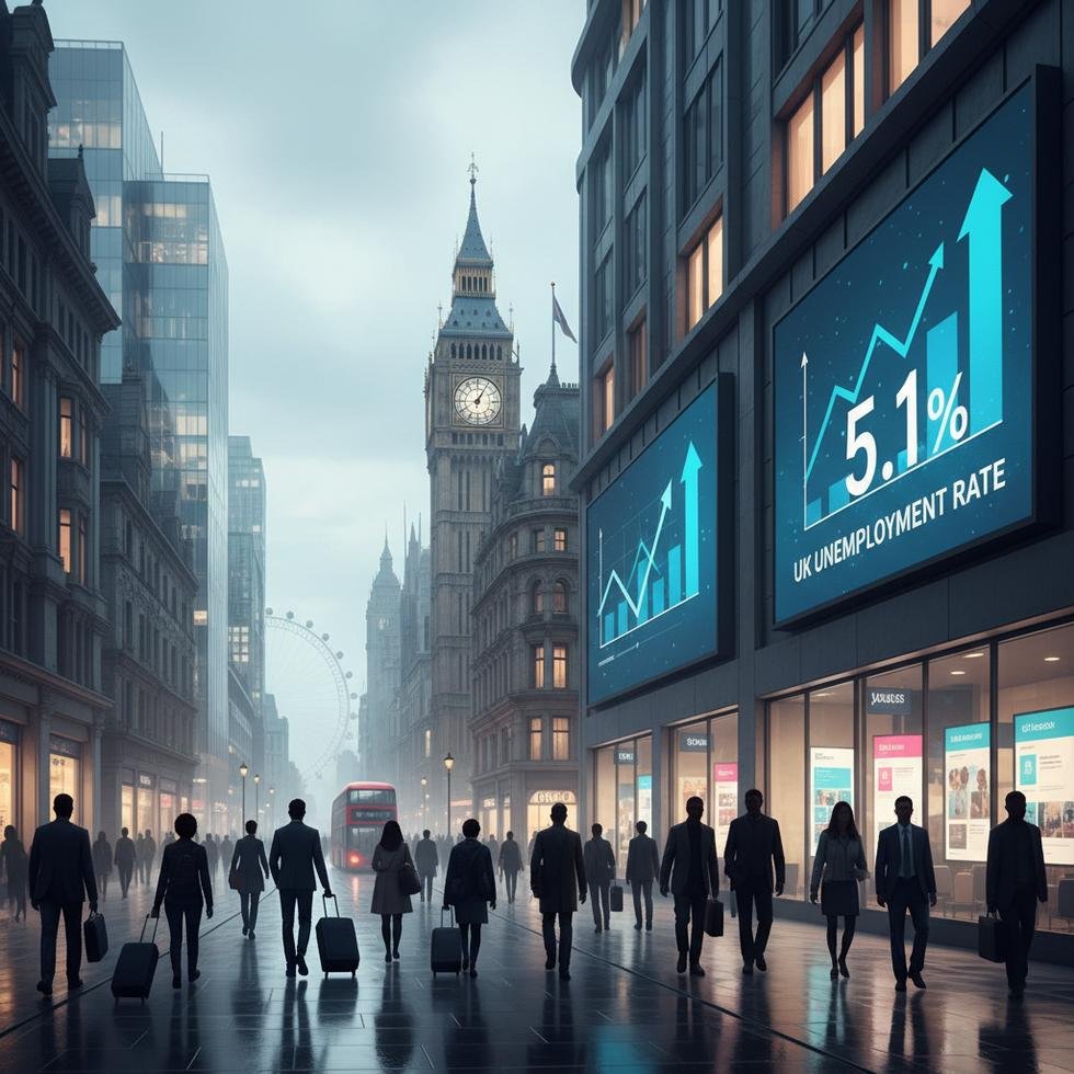 Birleşik Krallık'ta iş arayanlar ve iş ilanlarıyla dolu modern bir şehir görüntüsü