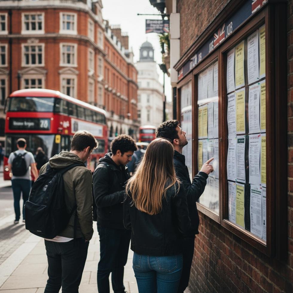 Londra sokaklarında iş ilanlarına bakan gençler
