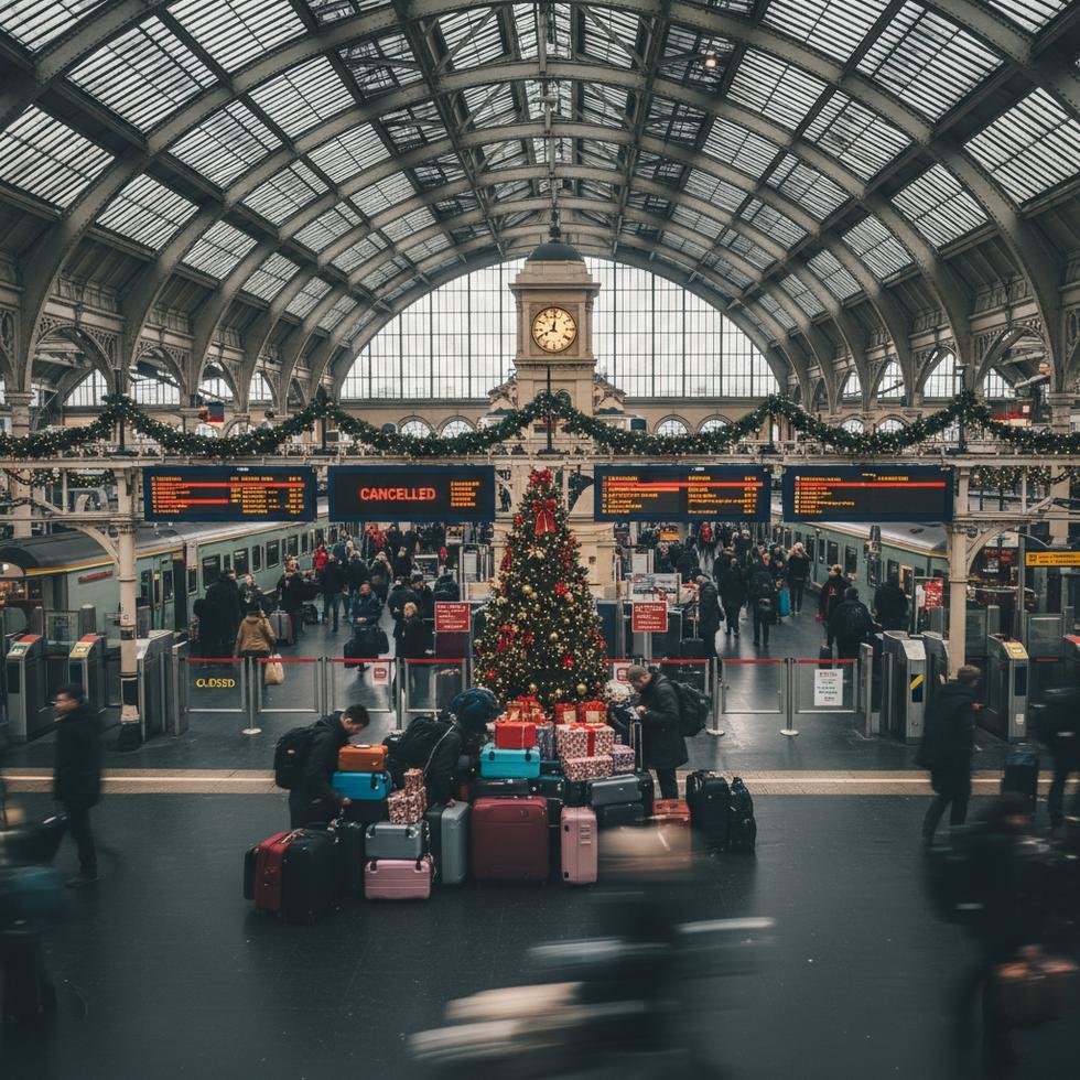 Noel döneminde İngiltere tren istasyonunda kalabalık ve kapalı hatlar.